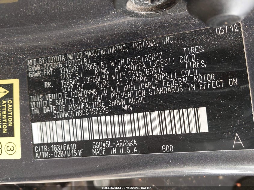2012 Toyota Highlander VIN 5TDBK3EH8CS157229 IAAI salvage auction — NORMAL WEAR, Clear (Massachusetts), sold $25 on 2026-07-24 (photo 9)