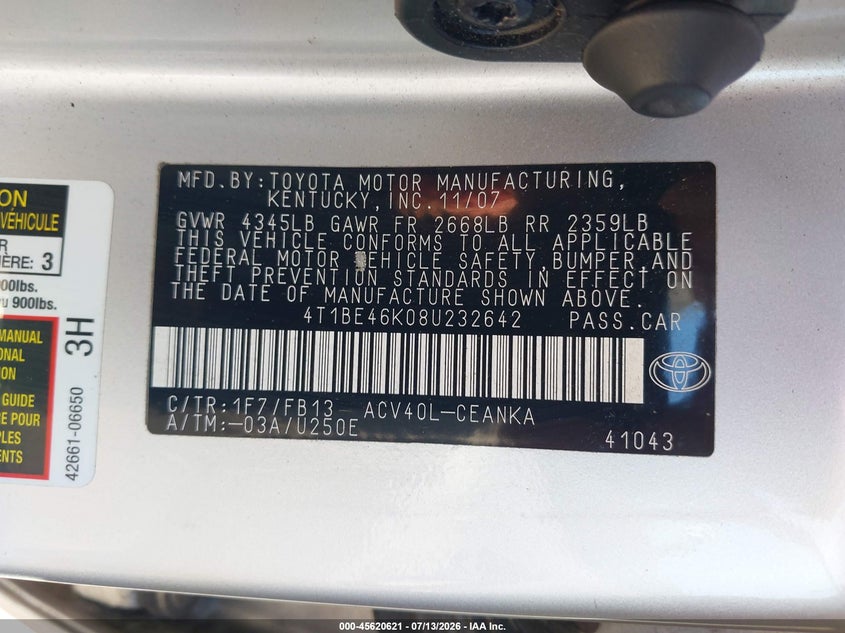 2008 Toyota Camry VIN 4T1BE46K08U232642 IAAI salvage auction — NORMAL WEAR, Clear (Pennsylvania), sold $825 on 2026-07-18 (photo 9)