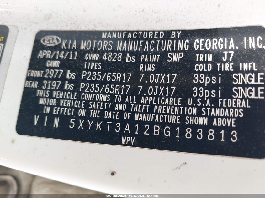 2011 Kia Sorento VIN 5XYKT3A12BG183813 IAAI salvage auction — ENGINE DAMAGE, Clear (Florida), sold $1,150 on 2026-07-15 (photo 9)