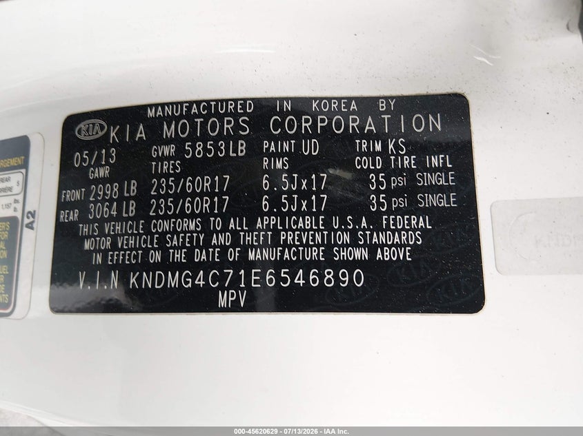 2014 Kia SEDONA VIN KNDMG4C71E6546890 IAAI salvage auction — NORMAL WEAR, Clear (Nevada), sold $25 on 2026-07-17 (photo 9)