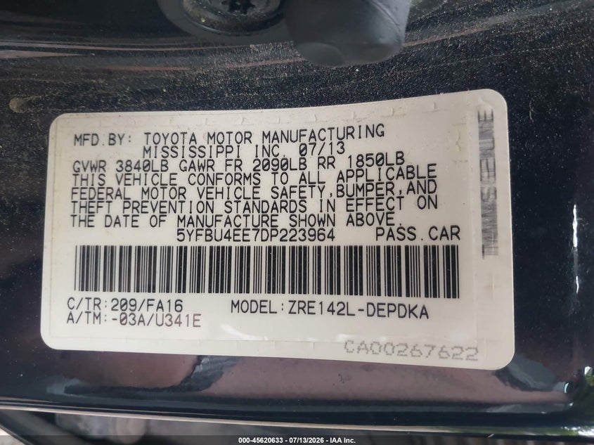 2013 Toyota Corolla VIN 5YFBU4EE7DP223964 IAAI salvage auction — NORMAL WEAR, Clear (Arkansas), sold $1,650 on 2026-07-14 (photo 9)