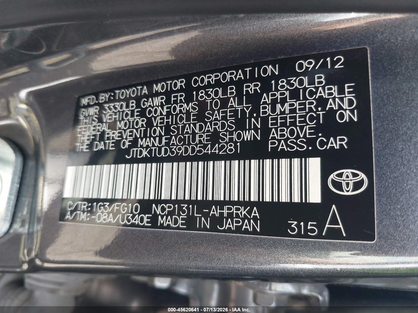2013 Toyota Yaris VIN JTDKTUD39DD544281 IAAI salvage auction — NORMAL WEAR, Clear (Virginia), sold $2,300 on 2026-07-28 (photo 9)