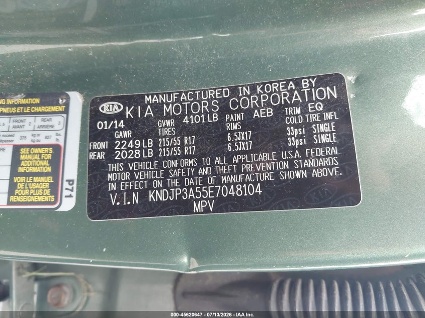2014 Kia Soul VIN KNDJP3A55E7048104 IAAI salvage auction — NORMAL WEAR, Clear (Georgia), sold $1,050 on 2026-07-23 (photo 9)