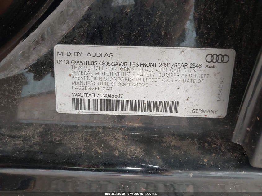 2013 Audi A4 VIN WAUFFAFL7DN045507 IAAI salvage auction — NORMAL WEAR, Clear (New Jersey), sold $450 on 2026-07-29 (photo 9)