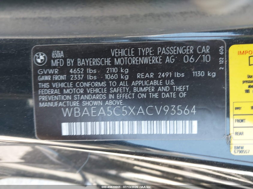 2010 BMW 6 series VIN WBAEA5C5XACV93564 IAAI salvage auction — NORMAL WEAR, Clear (Washington), sold $525 on 2026-07-22 (photo 9)