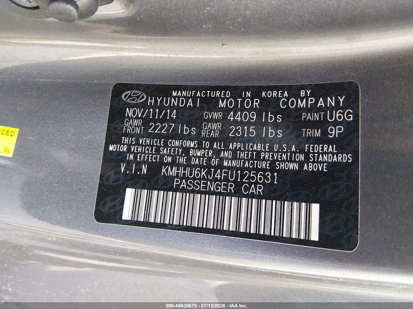 2015 Hyundai Genesis VIN KMHHU6KJ4FU125631 IAAI salvage auction — NORMAL WEAR, Clear (Virginia), sold $3,200 on 2026-07-31 (photo 9)