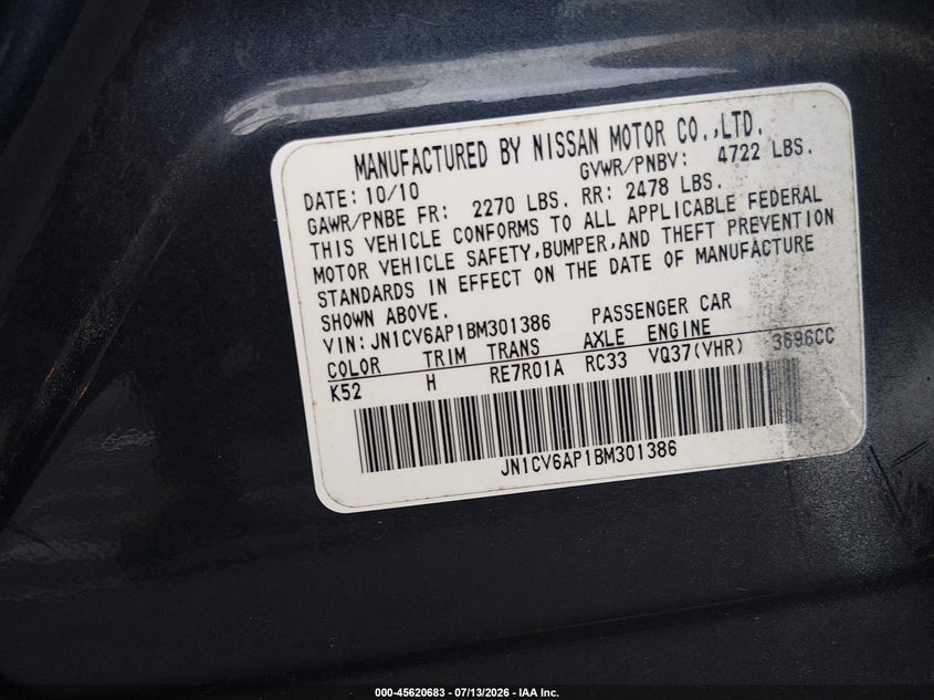 2011 Infiniti G37 VIN JN1CV6AP1BM301386 IAAI salvage auction — NORMAL WEAR, Clear (Texas), sold $325 on 2026-07-29 (photo 9)