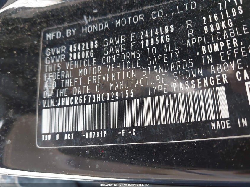 2017 Honda Accord VIN JHMCR6F73HC029155 IAAI salvage auction — NORMAL WEAR, Clear (Virginia), sold $1,000 on 2026-07-27 (photo 9)