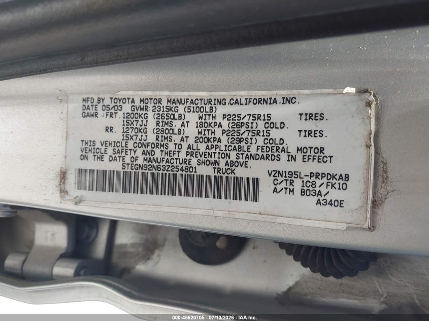 2003 Toyota Tacoma VIN 5TEGN92N63Z254801 IAAI salvage auction — NORMAL WEAR, Clear - Public Restricted (Oregon), sold $3,500 on 2026-07-16 (photo 9)