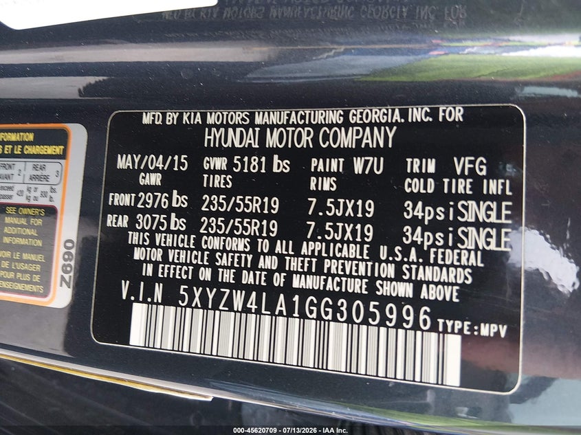2016 Hyundai Santa fe VIN 5XYZW4LA1GG305996 IAAI salvage auction — NORMAL WEAR, Clear (Texas), sold $2,550 on 2026-07-23 (photo 9)