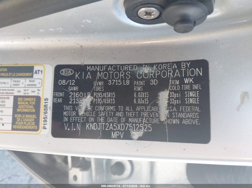 2013 Kia Soul VIN KNDJT2A5XD7512525 IAAI salvage auction — NORMAL WEAR, Clear - Public Restricted (Oregon), sold $375 on 2026-07-30 (photo 9)