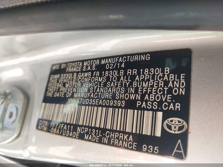 2014 Toyota Yaris VIN VNKKTUD35EA009393 IAAI salvage auction — NORMAL WEAR, Clear - Dealer Only (California), sold $25 on 2026-07-28 (photo 9)
