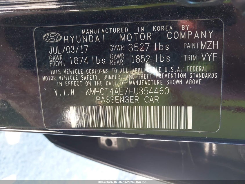 2017 Hyundai Accent VIN KMHCT4AE7HU354460 IAAI salvage auction — NORMAL WEAR, Clear (Washington), sold $1,000 on 2026-07-29 (photo 9)