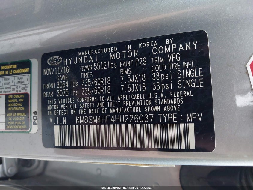 2017 Hyundai Santa fe VIN KM8SM4HF4HU226037 IAAI salvage auction — NORMAL WEAR, Clear (North Carolina), sold $2,500 on 2026-07-17 (photo 9)