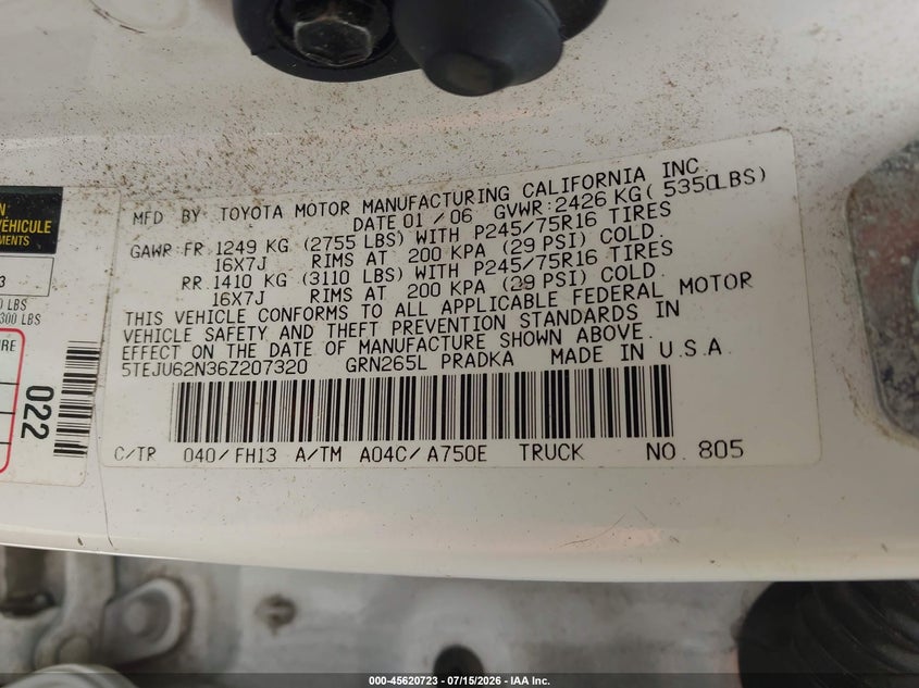 2006 Toyota Tacoma VIN 5TEJU62N36Z207320 IAAI salvage auction — NORMAL WEAR, Original (Texas), sold $25 on 2026-07-28 (photo 9)