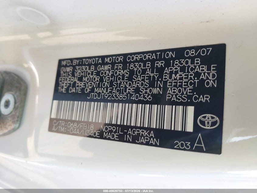 2008 Toyota Yaris VIN JTDJT923385140436 IAAI salvage auction — NORMAL WEAR, Clear (Indiana), sold $325 on 2026-07-29 (photo 9)