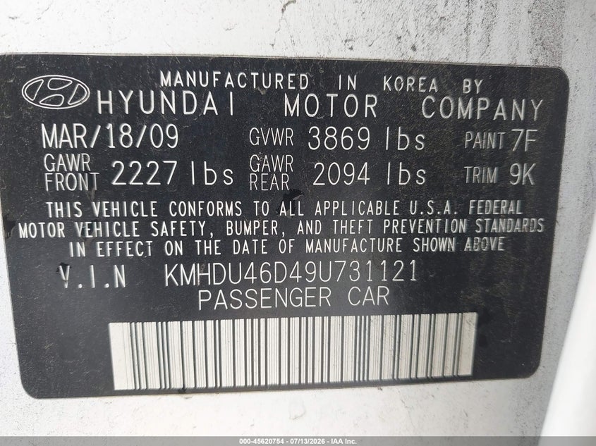 2009 Hyundai Elantra VIN KMHDU46D49U731121 IAAI salvage auction — NORMAL WEAR, Duplicate Paperwork (California), sold $350 on 2026-07-29 (photo 9)