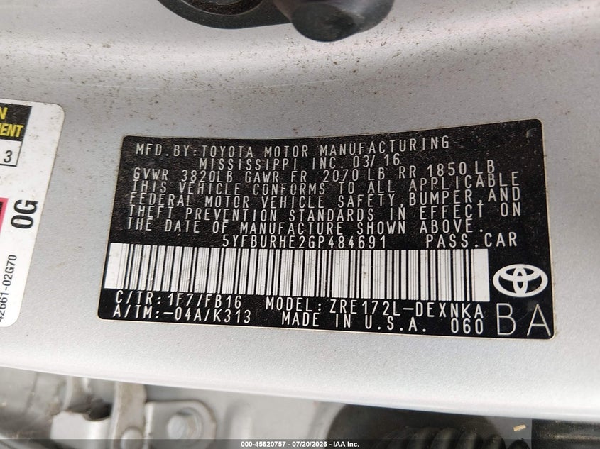 2016 Toyota Corolla VIN 5YFBURHE2GP484691 IAAI salvage auction — NORMAL WEAR, Clear-Dealer Only (Oregon), sold $1,050 on 2026-07-31 (photo 9)