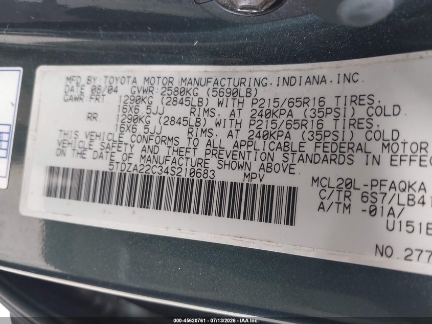 2004 Toyota Sienna VIN 5TDZA22C34S210683 IAAI salvage auction — SIDE, Clear (Florida), sold $900 on 2026-07-15 (photo 9)