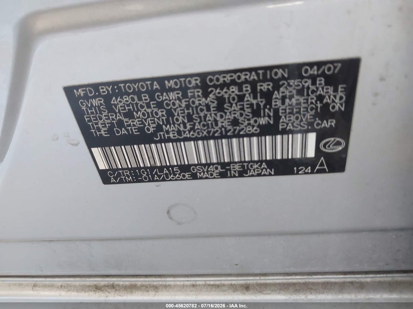 2007 Lexus Es 350 VIN JTHBJ46GX72127286 IAAI salvage auction — NORMAL WEAR, Clear - Dealer Only (California), sold $825 on 2026-07-28 (photo 9)