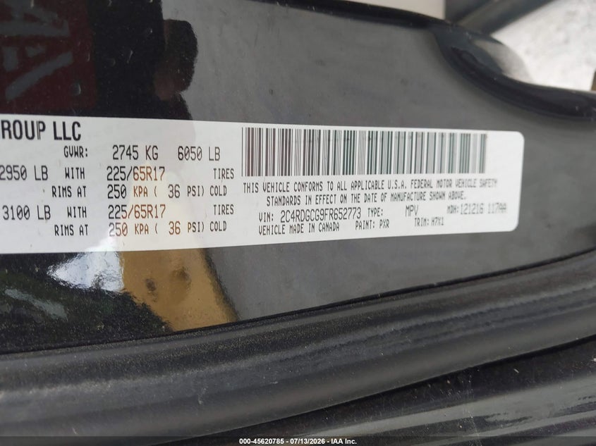 2015 Dodge Grand caravan VIN 2C4RDGCG9FR652773 IAAI salvage auction — NORMAL WEAR, Clear - Dealer Only (California), sold $725 on 2026-07-18 (photo 9)