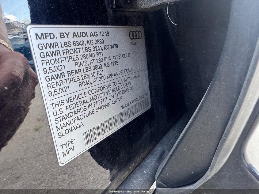 2020 Audi Q7 VIN WA1LXAF73LD002707 IAAI salvage auction — UNKNOWN, Original (Ohio), sold $3,850 on 2026-07-29 (photo 9)