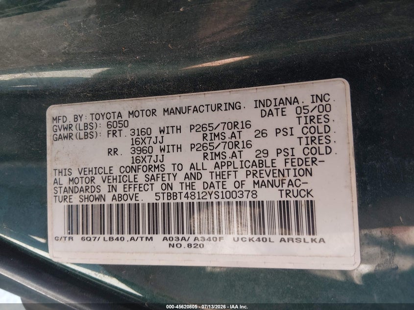 2000 Toyota Tundra VIN 5TBBT4812YS100378 IAAI salvage auction — NORMAL WEAR, Clear (Washington), sold $2,250 on 2026-07-22 (photo 9)