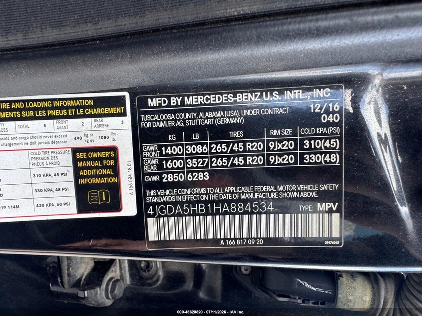 2017 Mercedes-benz Gle class VIN 4JGDA5HB1HA884534 IAAI salvage auction — UNKNOWN, Clear (New York), sold $6,325 on 2026-07-22 (photo 9)
