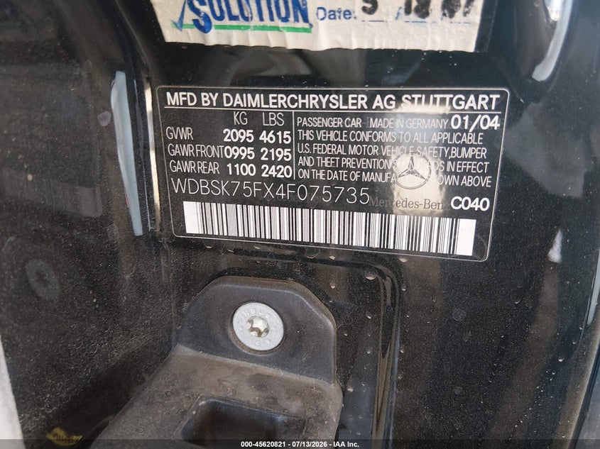 2004 Mercedes-benz Sl-class VIN WDBSK75FX4F075735 IAAI salvage auction — NORMAL WEAR, Clear-Dealer Only (Arizona), sold $225 on 2026-07-28 (photo 9)