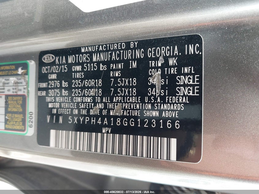 2016 Kia Sorento VIN 5XYPH4A18GG123166 IAAI salvage auction — NORMAL WEAR, Clear - Dealer Only (California), sold $1,150 on 2026-07-30 (photo 9)