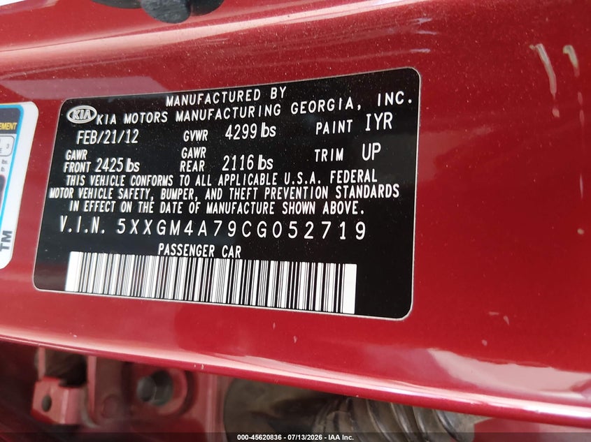 2012 Kia Optima VIN 5XXGM4A79CG052719 IAAI salvage auction — NORMAL WEAR, Clear-Dealer Only (Arizona), sold $25 on 2026-07-21 (photo 9)