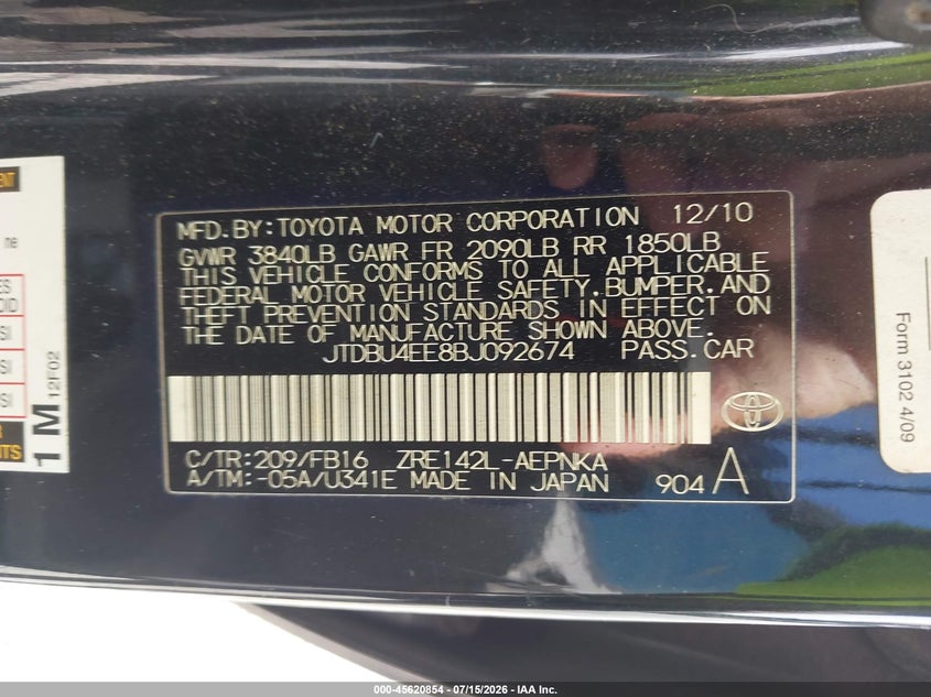 2011 Toyota Corolla VIN JTDBU4EE8BJ092674 IAAI salvage auction — NORMAL WEAR, Clear (Florida), sold $950 on 2026-07-23 (photo 9)