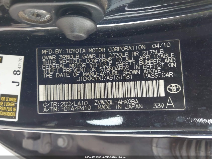 2010 Toyota Prius VIN JTDKN3DU7A5161281 IAAI salvage auction — NORMAL WEAR, Clear (Florida), sold $300 on 2026-07-28 (photo 9)