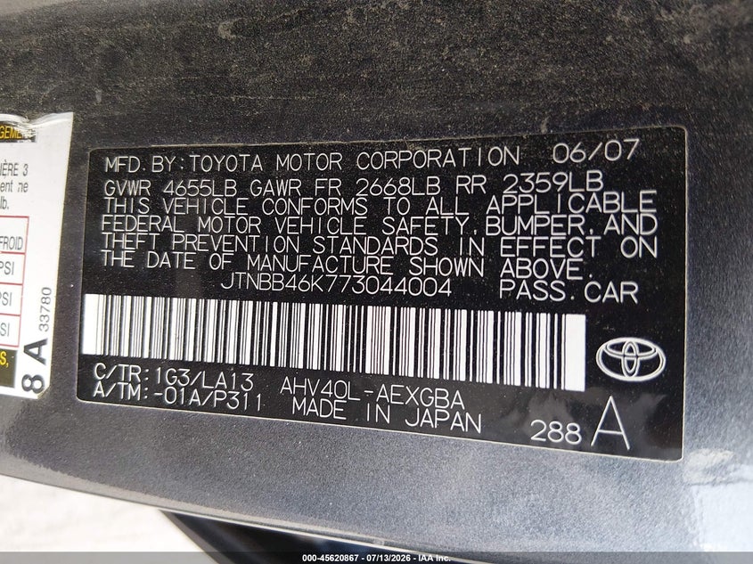 2007 Toyota Camry hybrid VIN JTNBB46K773044004 IAAI salvage auction — NORMAL WEAR, Original (New Hampshire), sold $25 on 2026-07-29 (photo 9)