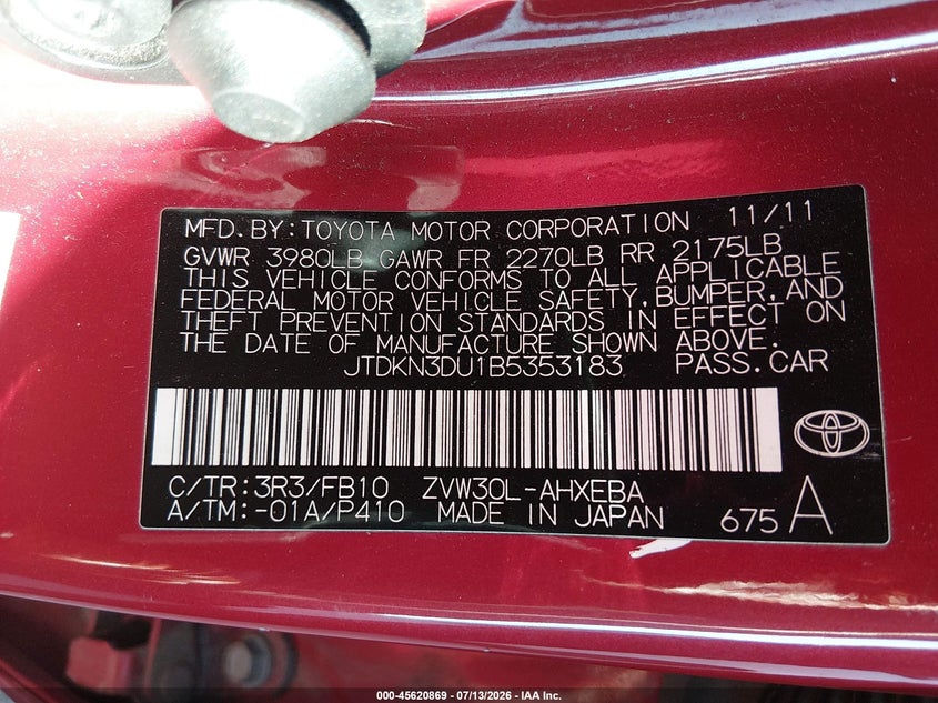 2011 Toyota Prius VIN JTDKN3DU1B5353183 IAAI salvage auction — NORMAL WEAR, Clear (Indiana), sold $675 on 2026-07-29 (photo 9)