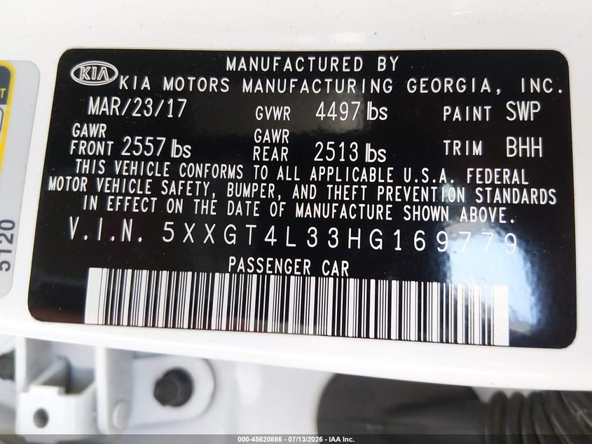 2017 Kia Optima VIN 5XXGT4L33HG169779 IAAI salvage auction — NORMAL WEAR, App For Dup Salv Title - Dealer (California), sold $1,175 on 2026-07-30 (photo 9)