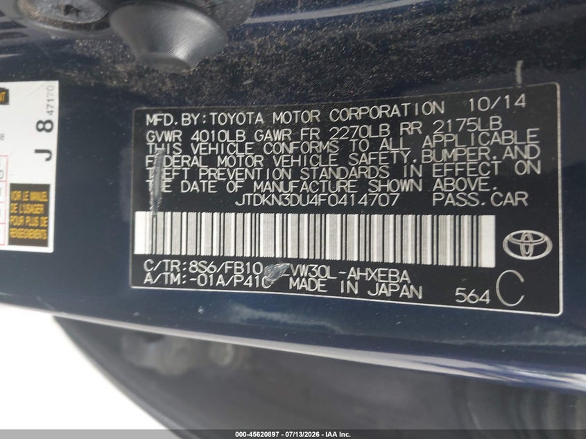 2015 Toyota Prius VIN JTDKN3DU4F0414707 IAAI salvage auction — NORMAL WEAR, Salvage Title - Dealer (California), sold $875 on 2026-07-29 (photo 9)