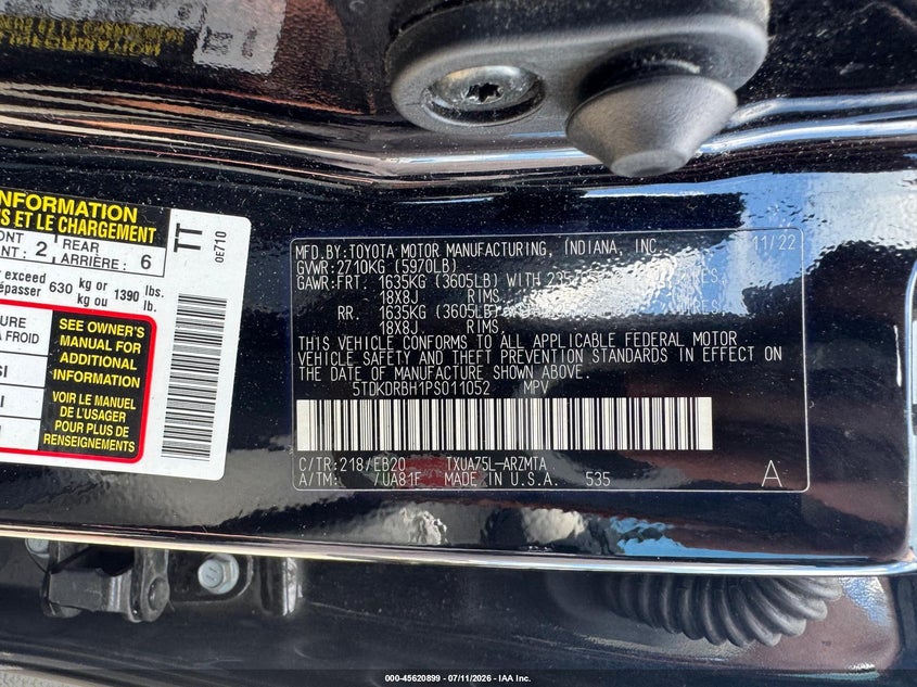 2023 Toyota Highlander VIN 5TDKDRBH1PS011052 IAAI salvage auction — UNKNOWN, Salvage Title, sold $8,900 on 2026-07-22 (photo 9)