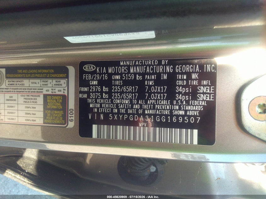 2016 Kia Sorento VIN 5XYPGDA31GG169507 IAAI salvage auction — ENGINE DAMAGE, Clear (Indiana), sold $1,875 on 2026-07-30 (photo 9)