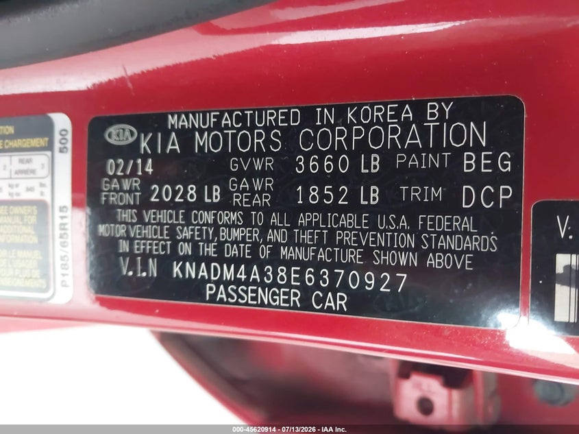 2014 Kia Rio VIN KNADM4A38E6370927 IAAI salvage auction — NORMAL WEAR, Clear (Florida), sold $1,050 on 2026-07-29 (photo 9)
