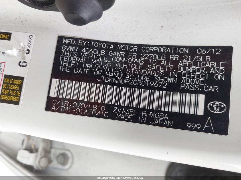 2012 Toyota Prius VIN JTDKN3DP2C3019672 IAAI salvage auction — NORMAL WEAR, Clear - Dealer Only (California), sold $7,850 on 2026-07-23 (photo 9)