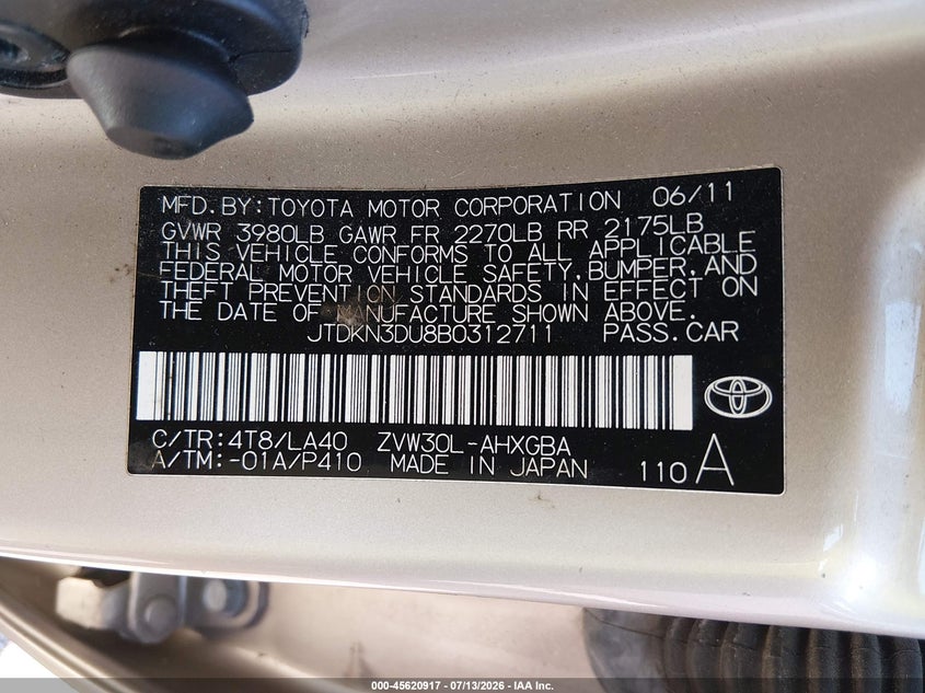 2011 Toyota Prius VIN JTDKN3DU8B0312711 IAAI salvage auction — NORMAL WEAR, Clear (Indiana), sold $1,800 on 2026-07-15 (photo 9)