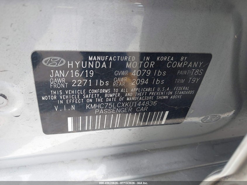 2019 Hyundai Ioniq VIN KMHC75LCXKU144836 IAAI salvage auction — NORMAL WEAR, Clear - Dealer Only (California), sold $750 on 2026-07-30 (photo 9)