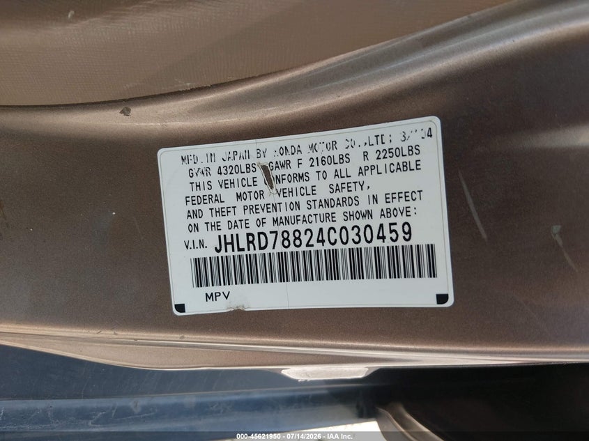2004 Honda Cr-v VIN JHLRD78824C030459 IAAI salvage auction — NORMAL WEAR, Clear (Illinois), sold $825 on 2026-07-28 (photo 9)