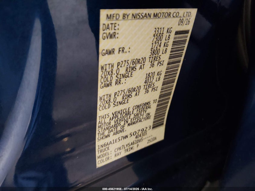 2017 Nissan TITAN VIN 1N6AA1E57HN507923 IAAI salvage auction — RIGHT FRONT, Salvage Title, sold $6,500 on 2026-08-03 (photo 9)
