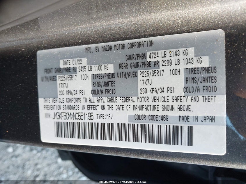 2022 Mazda Cx-5 VIN JM3KFBCMXN0551195 IAAI salvage auction — LEFT FRONT, Salvage Title, sold $6,100 on 2026-07-31 (photo 9)