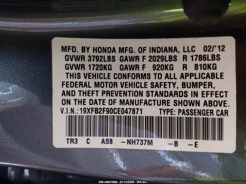 2012 Honda Civic VIN 19XFB2F90CE047871 IAAI salvage auction — FRONT END, Salvage Title, sold $950 on 2026-07-22 (photo 9)