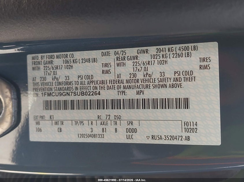 2025 Ford Escape VIN 1FMCU9GN7SUB02264 IAAI salvage auction — REAR END, Enterprise Vehicles Clear Only (Massachusetts), sold $10,500 on 2026-07-23 (photo 9)