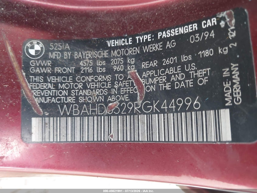 1994 BMW 5er VIN WBAHD6329RGK44996 IAAI salvage auction — REAR END, Salvage (Ohio), sold $400 on 2026-07-18 (photo 9)