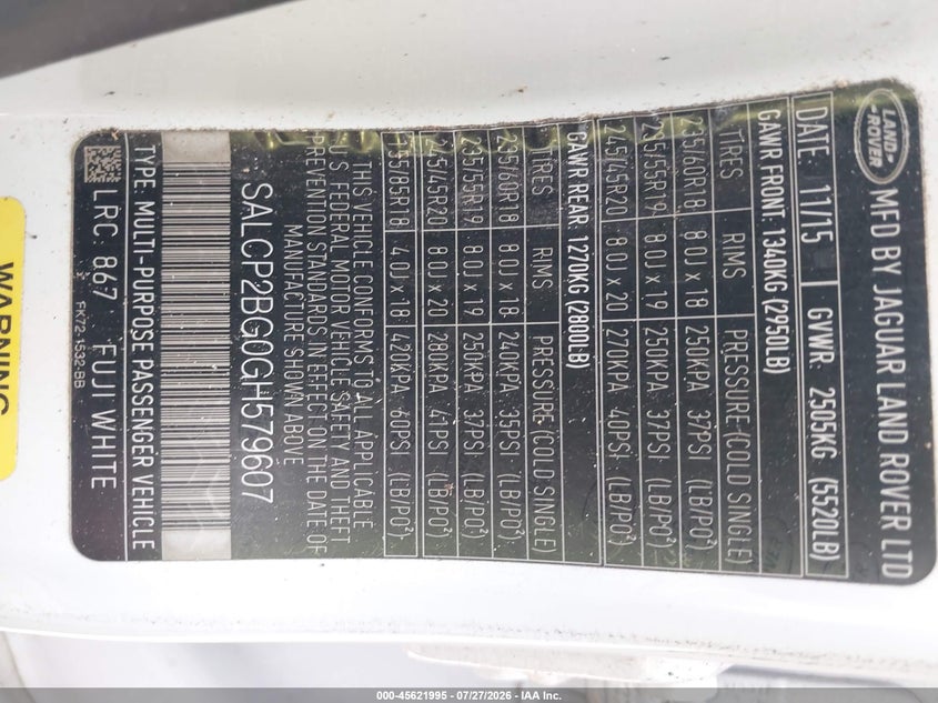 2016 Land rover Discovery sport VIN SALCP2BG0GH579607 IAAI salvage auction — ALL OVER, Salvage Title, sold $625 on 2026-08-01 (photo 9)